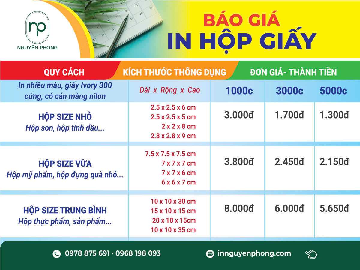 bảng báo giá in hộp giấy đựng bánh đạu xanh tại Nguyên Phong